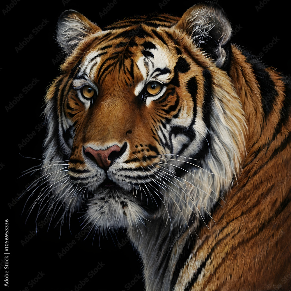 Fototapeta premium A hyper-detailed charcoal drawing capturing a close-up of a tigers face set against a deep black background. Its fierce golden eyes, shaded with precision, appear to glow, conveying an intense inner f
