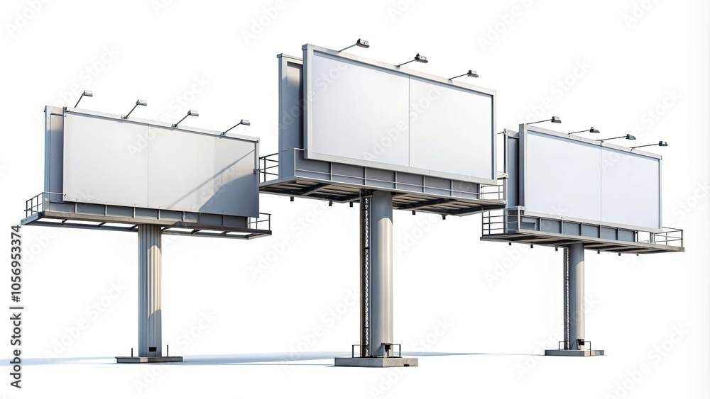 Obraz premium Three blank billboards on poles, ready for advertisement, isolated on a white background.