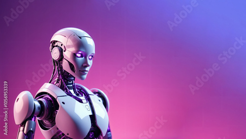 Futuristic robot, cyborg on a pink and purple background cyborg