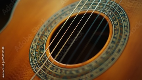 A close-up shot of the guitar's sound hole, highlighting the rosette design and strings, with the wooden body softly blurred.