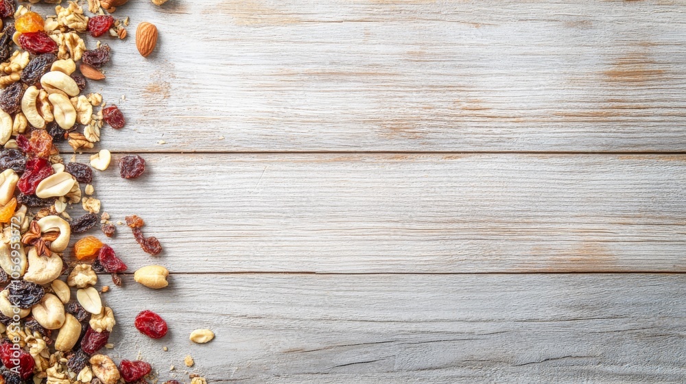 Nuts and Dried Fruits on Rustic Wooden Surface Nuts and Dried Fruits on Rustic Wooden Surface