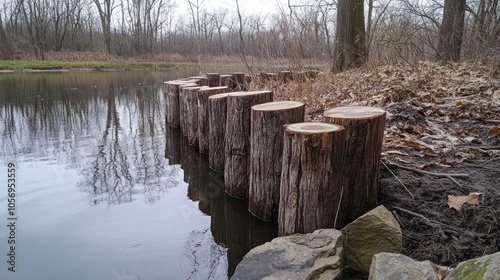 Wallpaper Mural A row of cut wooden logs along a calm riverbank, reflecting the surrounding trees. Torontodigital.ca