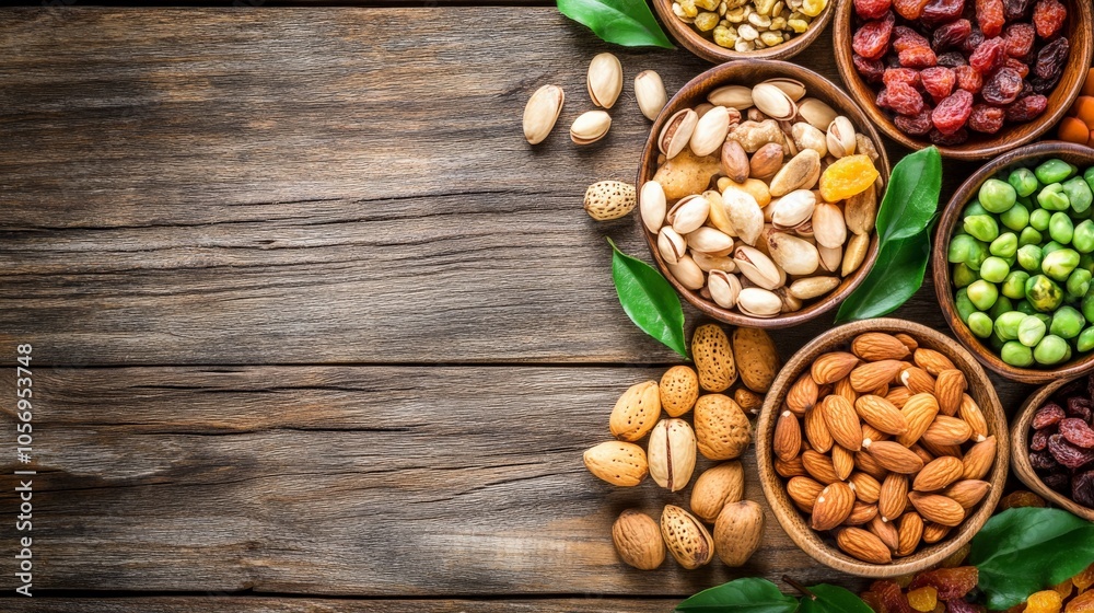 Nuts and Dried Fruits on Rustic Wooden Surface Nuts and Dried Fruits on Rustic Wooden Surface