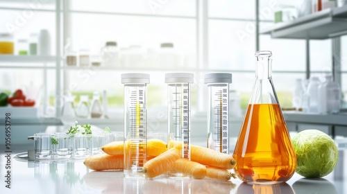 Laboratory scene featuring test tubes, a flask, and fresh ingredients like carrots and apples, ideal for scientific or health themes.