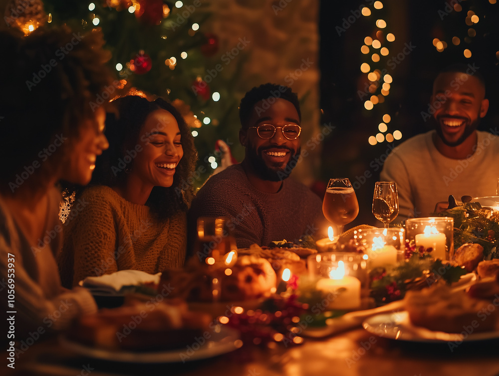 family gathered around a table, celebrating a holiday dinner with lit candles and festive decorations family gathered around a table, celebrating a holiday dinner with lit candles and festive decorations