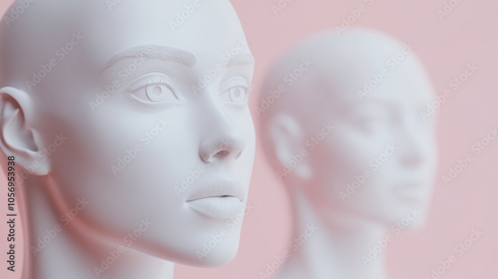 Minimalist mannequin heads showcasing elegant design against a soft pink backdrop, perfect for fashion and beauty presentations. Minimalist mannequin heads showcasing elegant design against a soft pink backdrop, perfect for fashion and beauty presentations.