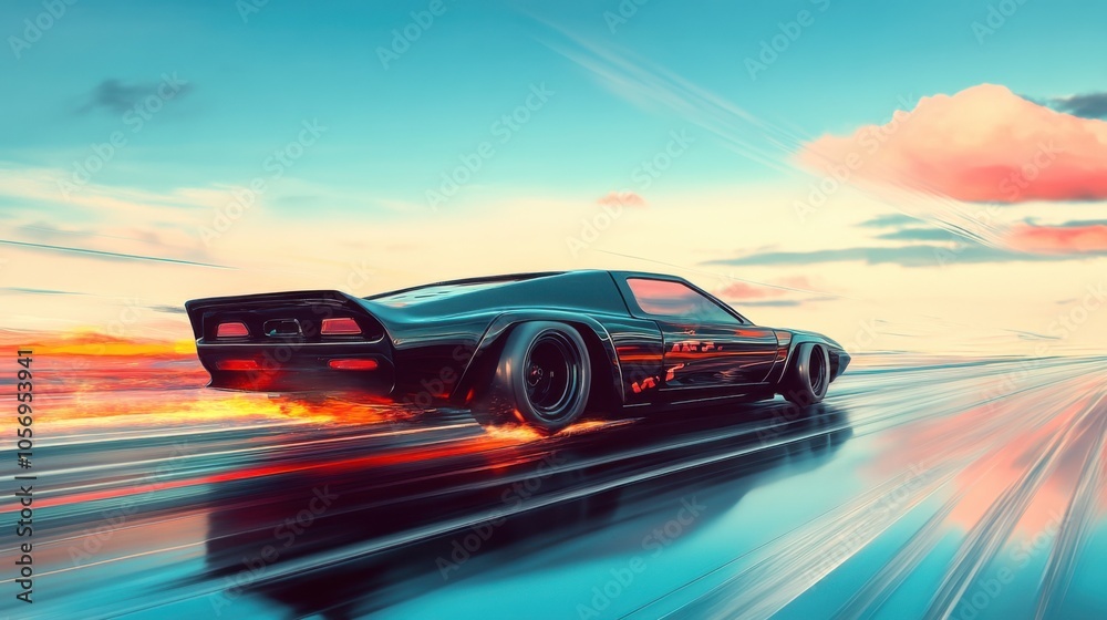 Retro-styled car racing across a futuristic landscape in broad daylight, heading toward the horizon, blending past car aesthetics with futuristic design. Retro-styled car racing across a futuristic landscape in broad daylight, heading toward the horizon, blending past car aesthetics with futuristic design.