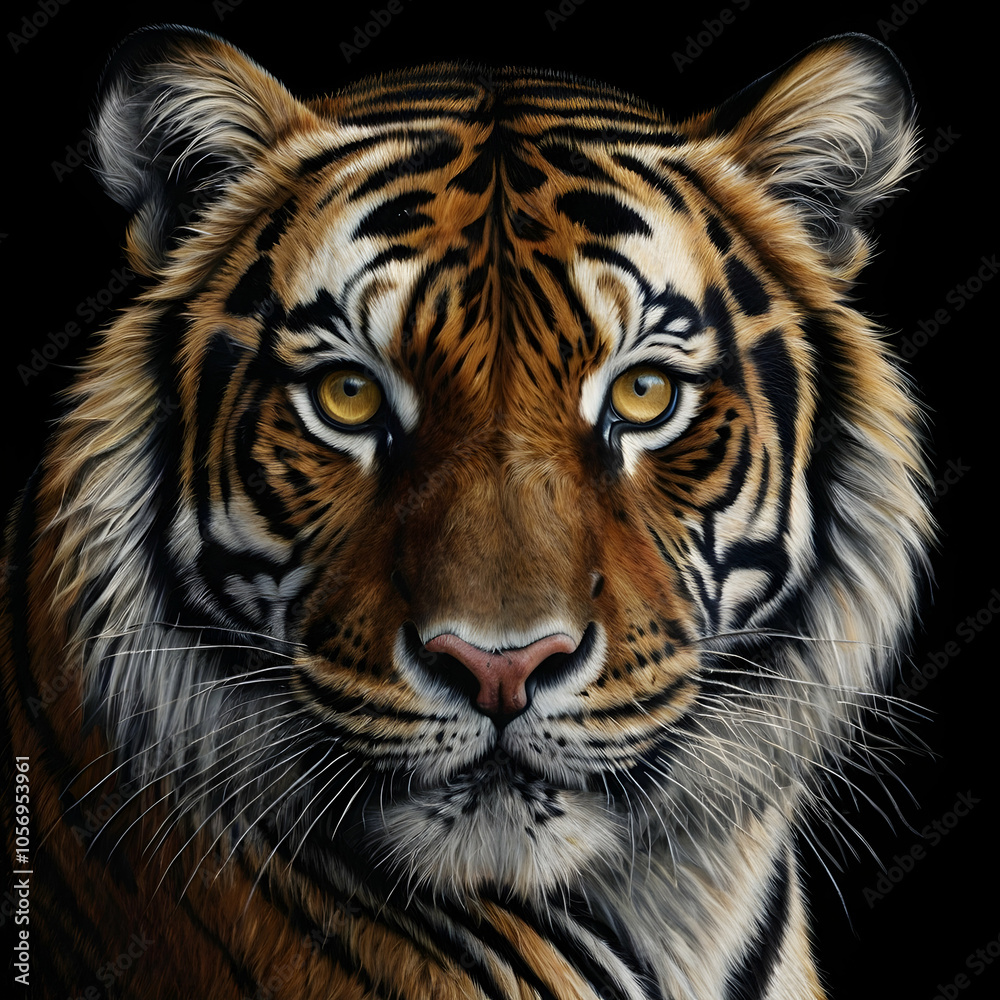 A hyper-detailed charcoal drawing capturing a close-up of a tigers face set against a deep black background. Its fierce golden eyes, shaded with precision, appear to glow, conveying an intense inner f A hyper-detailed charcoal drawing capturing a close-up of a tigers face set against a deep black background. Its fierce golden eyes, shaded with precision, appear to glow, conveying an intense inner f