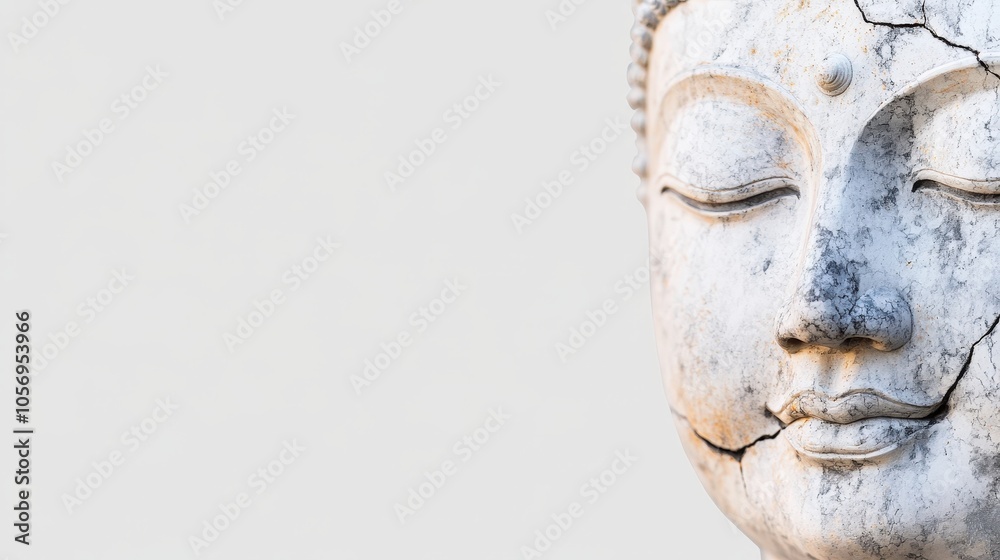 Close up of Serene Buddha Statue with Crack White Background Asian Culture Spirituality Close up of Serene Buddha Statue with Crack White Background Asian Culture Spirituality