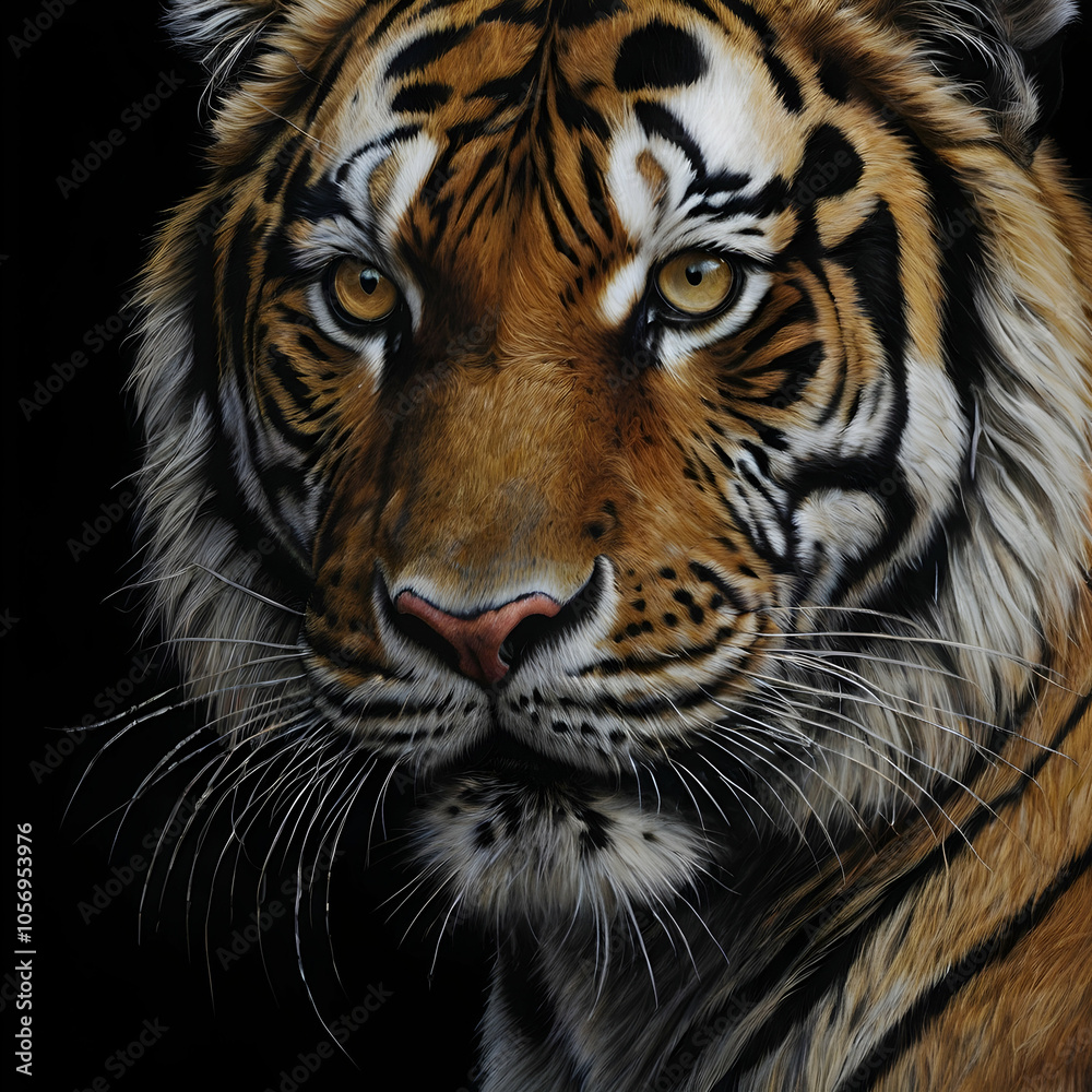 A hyper-detailed charcoal drawing capturing a close-up of a tigers face set against a deep black background. Its fierce golden eyes, shaded with precision, appear to glow, conveying an intense inner f A hyper-detailed charcoal drawing capturing a close-up of a tigers face set against a deep black background. Its fierce golden eyes, shaded with precision, appear to glow, conveying an intense inner f