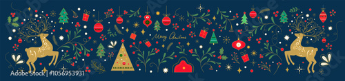 Merry Christmas cover design with Christmas deers, toys and decorative branches. Christmas greeting card. Christmas illustration in Scandinavian style with Christmas tree and Christmas reindeer.