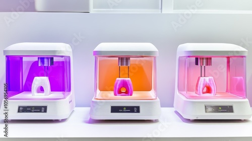 Modern 3D printers with vibrant lighting, showcasing advanced technology in a sleek design for creative projects and innovation.