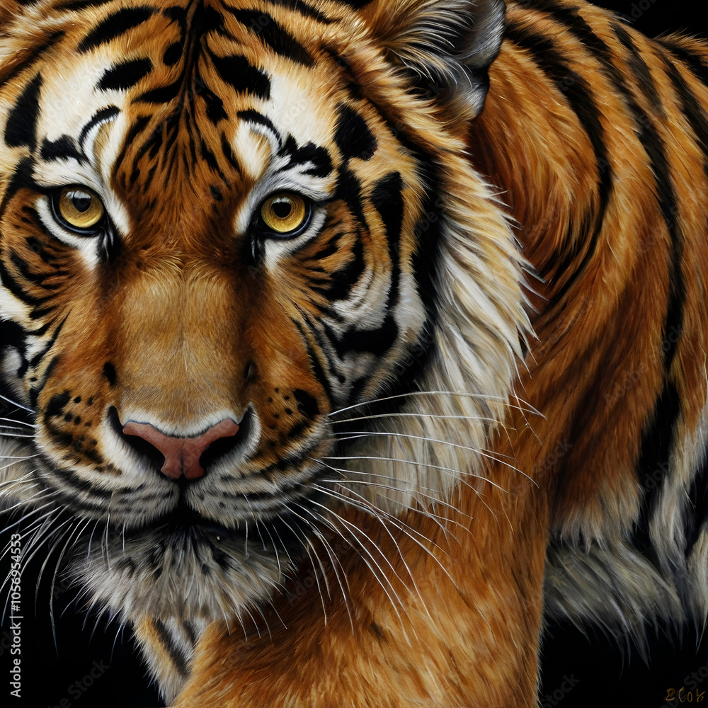 Obraz premium A hyper-detailed charcoal drawing capturing a close-up of a tigers face set against a deep black background. Its fierce golden eyes, shaded with precision, appear to glow, conveying an intense inner f