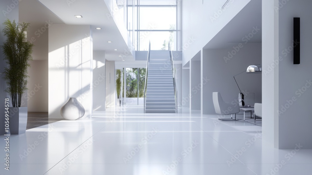 Fototapeta premium Modern interior of a bright and spacious foyer featuring sleek design, elegant decor, and natural light streaming through the windows.