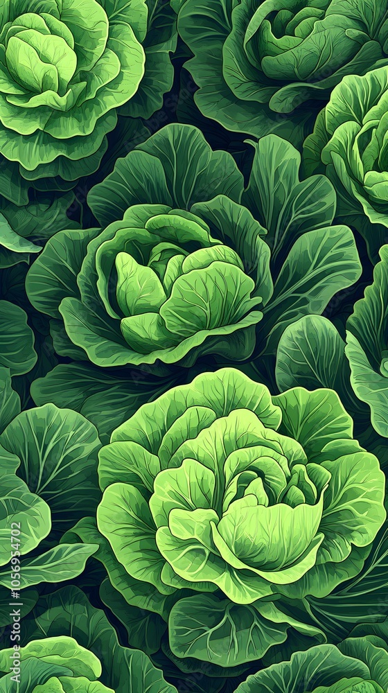 Obraz premium A background of lettuce in a vector drawing style. The pattern is a close-up view of vibrant green vegetables