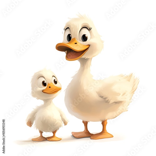 A cartoon duckling waddling behind its mother with a cute and curious look on a white background.