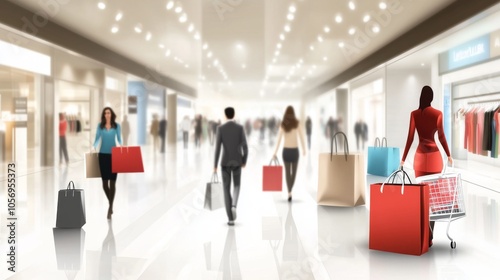 People shopping in a modern mall, carrying colorful bags, showcasing a vibrant retail environment.