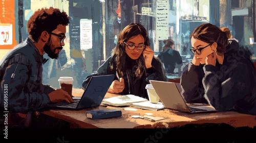 Three Friends Working Together in a Cafe