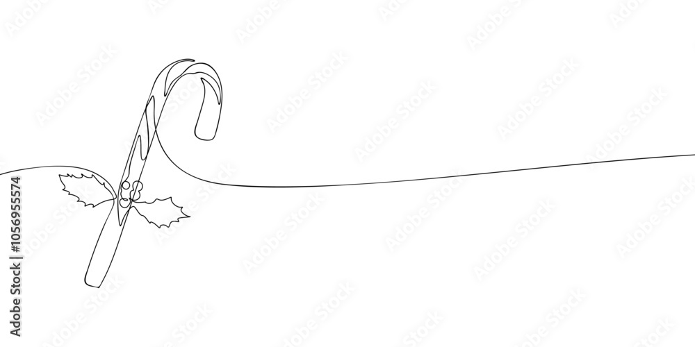 A single line drawing of a a candy cane with a leaf of holly. Continuous line christmas candy cane icon. One line icon. Vector illustration. A single line drawing of a a candy cane with a leaf of holly. Continuous line christmas candy cane icon. One line icon. Vector illustration.