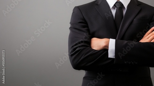 Professional man in a suit with arms crossed. Ideal for business and corporate themes, showcasing confidence and authority.