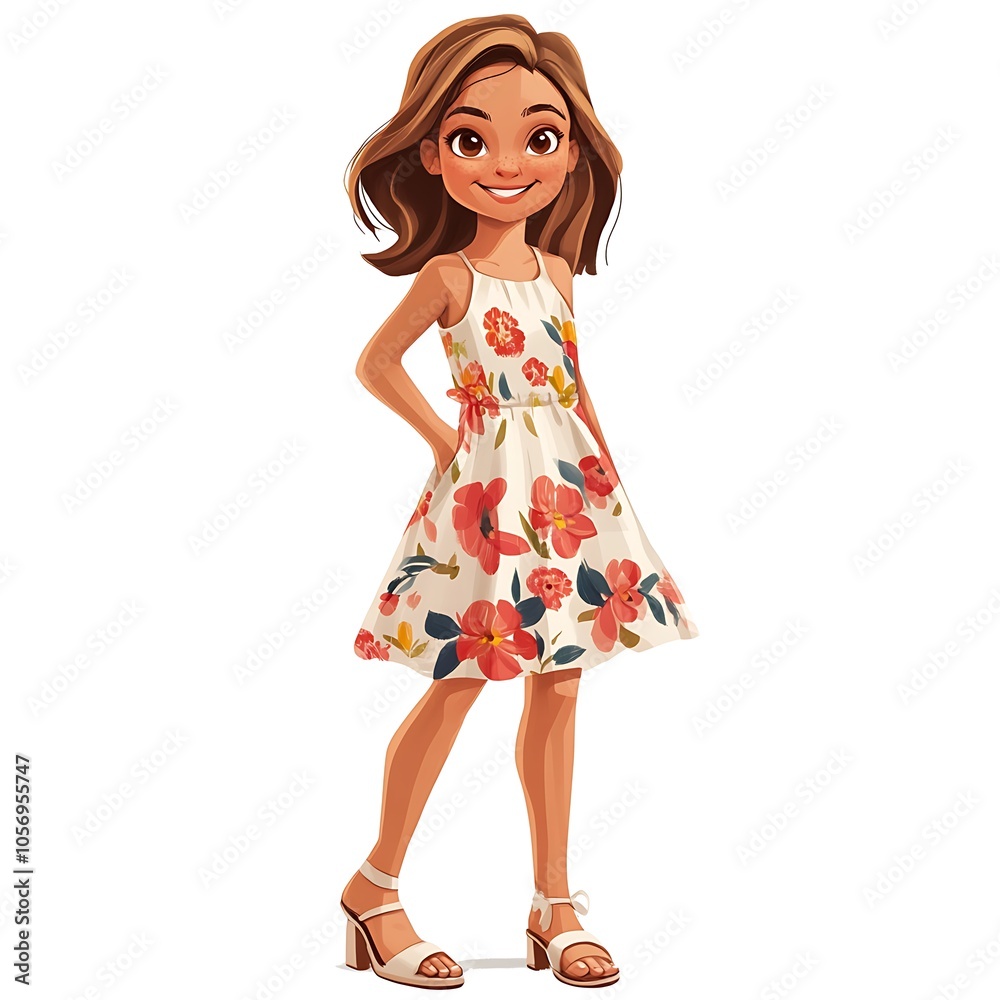 Cartoon girl with a gentle smile and long flowing hair in a sundress on a white background. Cartoon girl with a gentle smile and long flowing hair in a sundress on a white background.