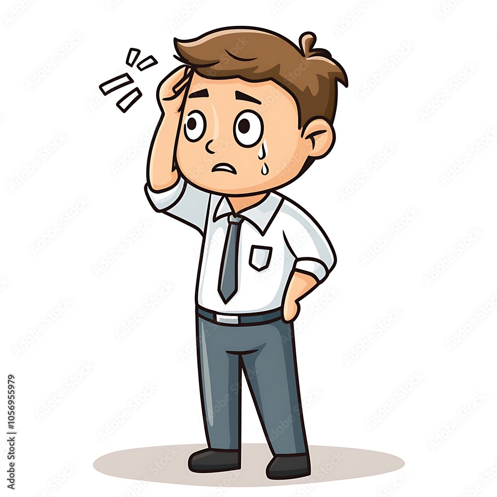 Cartoon employee looking nervous, wiping sweat from forehead on a white background.