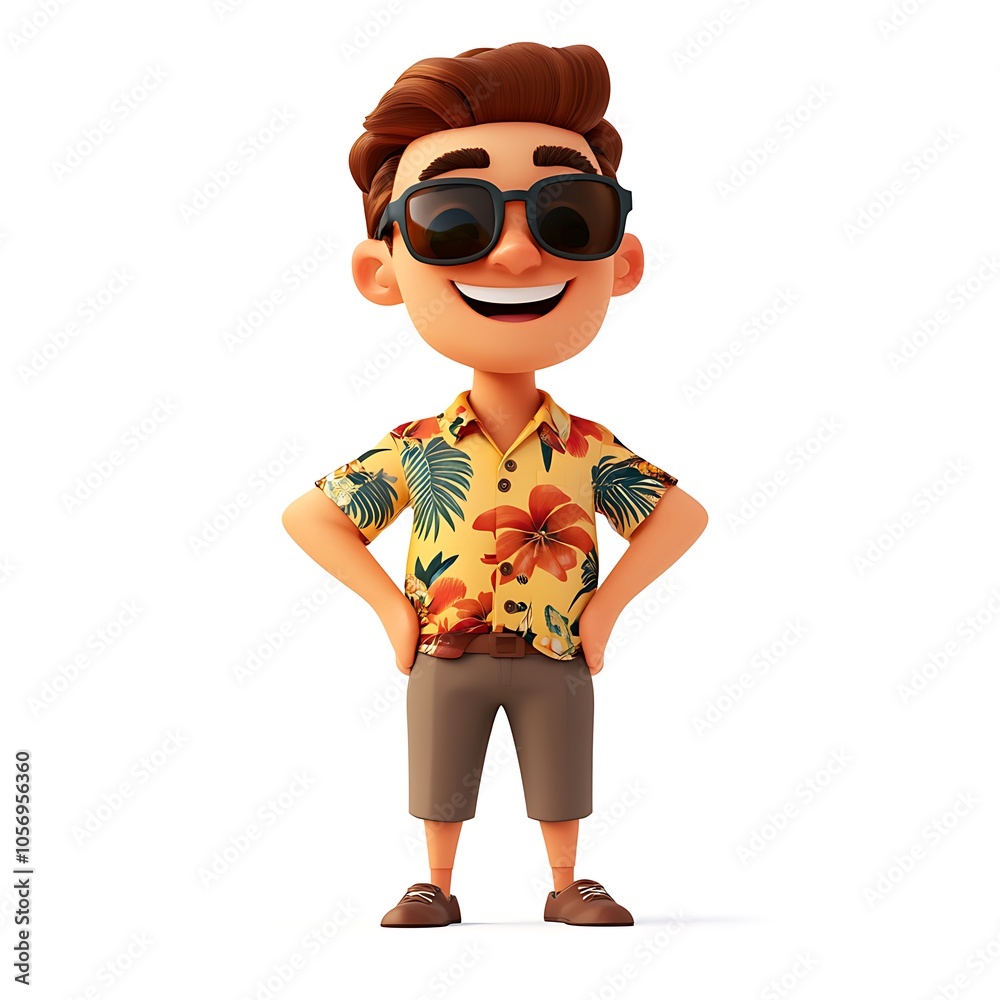 Cartoon guy with a happy expression in a Hawaiian shirt and sunglasses on a white background. Cartoon guy with a happy expression in a Hawaiian shirt and sunglasses on a white background.