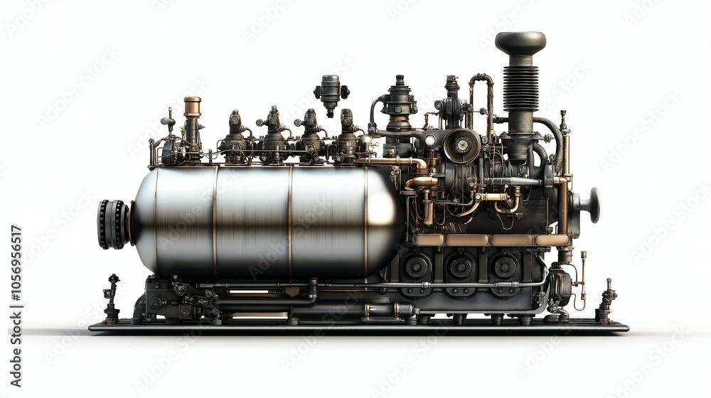Steampunk Engine: A mesmerizing, intricate steampunk engine, crafted with meticulous detail, showcasing the power and ingenuity of this captivating aesthetic.  The engine's gleaming metallic surfaces.