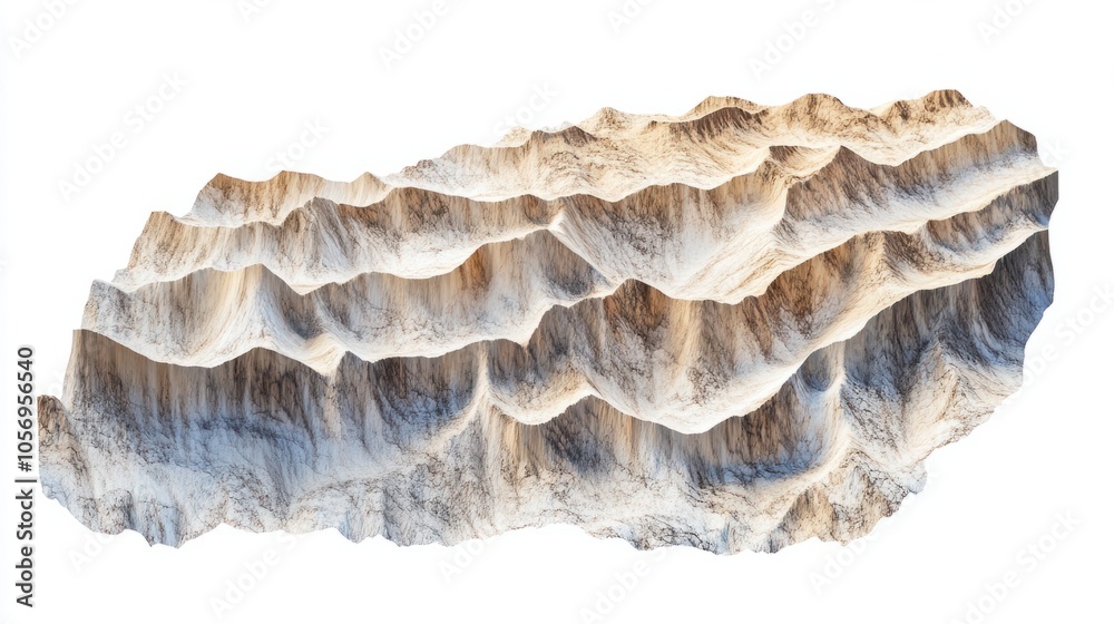 Aerial view of wave-like mountain ridges, illustrating natural erosion and layers of sediment, isolated on white Aerial view of wave-like mountain ridges, illustrating natural erosion and layers of sediment, isolated on white