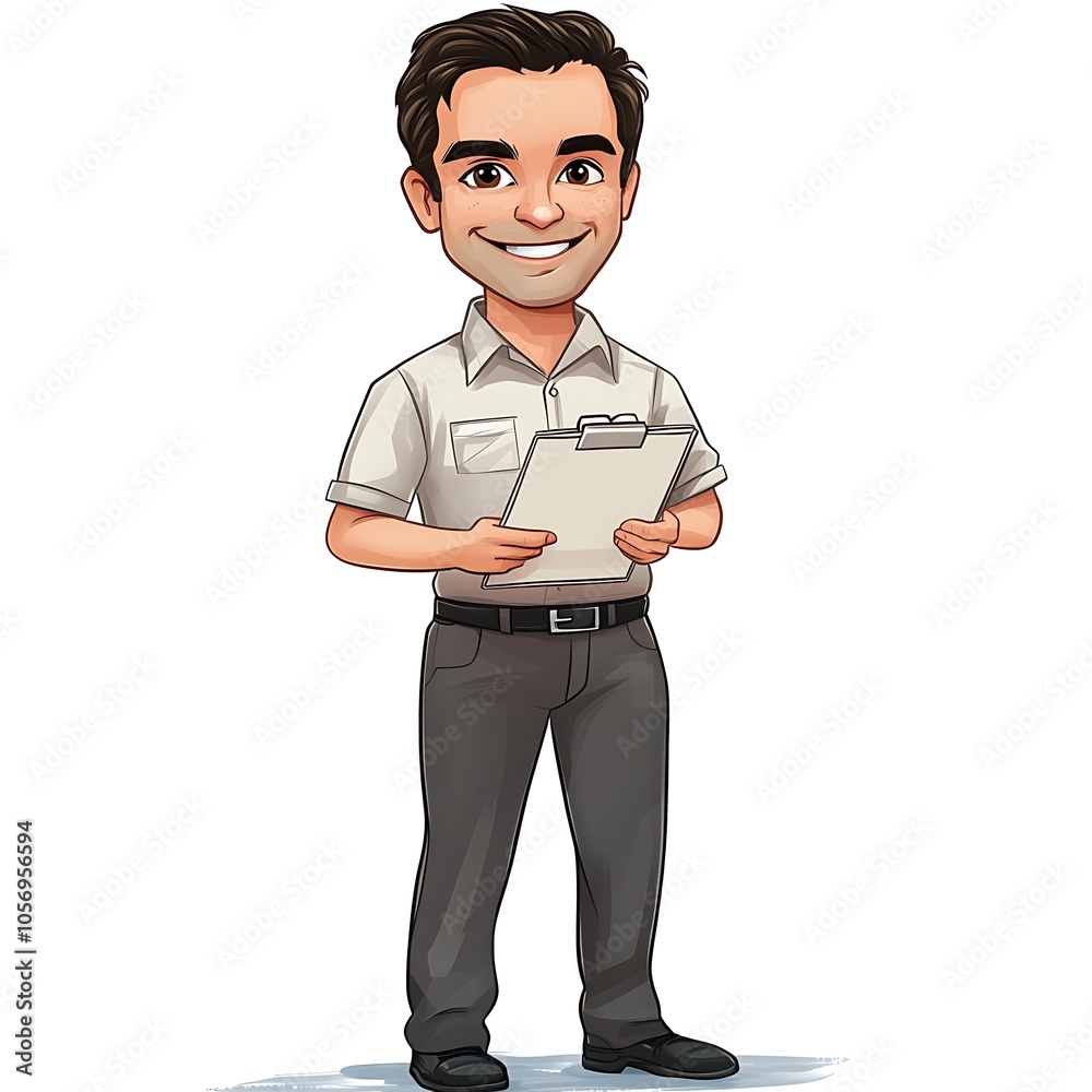 Cartoon employee holding a notepad and smiling professionally on a white background.