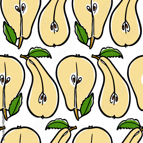 Vector seamless pattern with hand drawn juicy ripe pears cut in halves. Vegetarian, healthy food illustration. Beautiful food design elements, perfect for prints and patterns