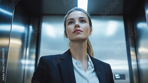 A businesswoman looks up with a pensive expression as she stands in an elevator.