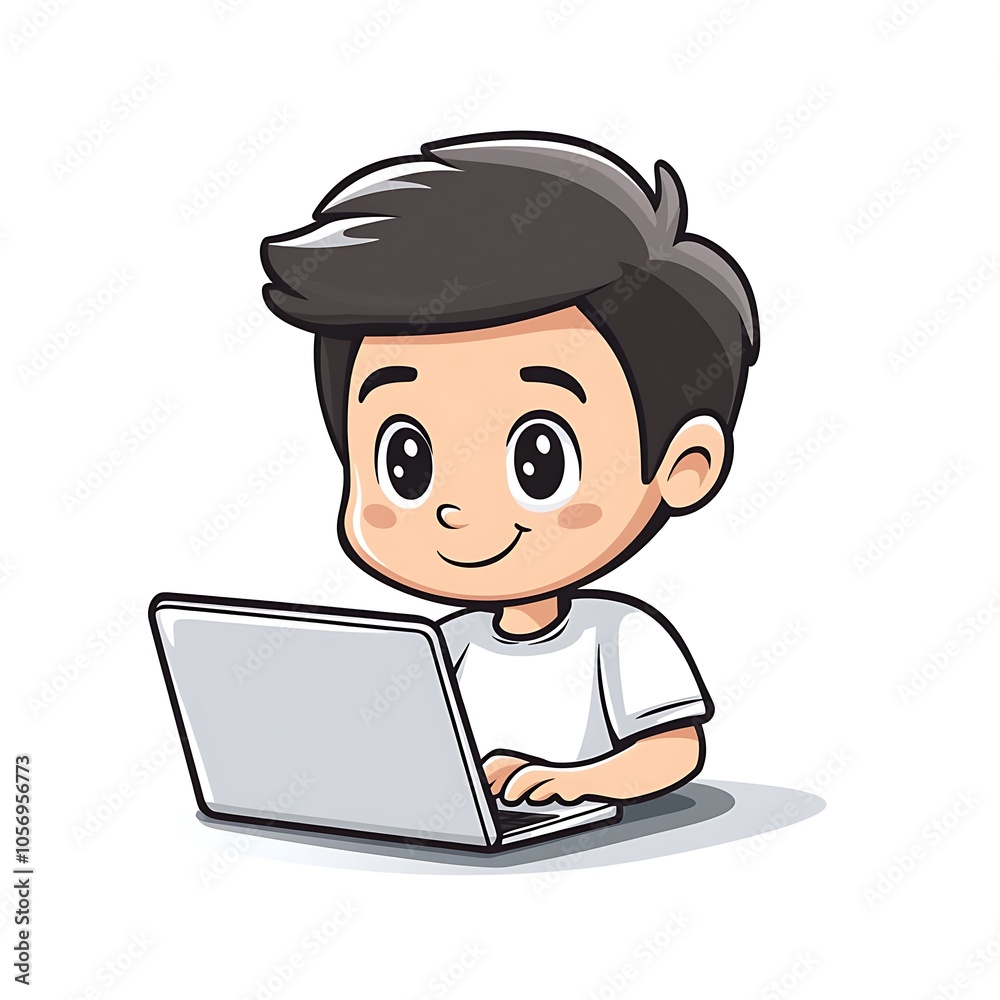 Cartoon employee sitting and typing on a laptop with a focused expression on a white background. Cartoon employee sitting and typing on a laptop with a focused expression on a white background.