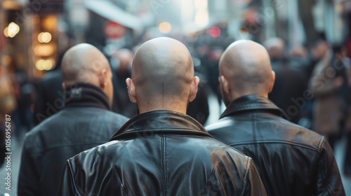 Agressive bald head male walking the street. Shaved head person who looks for danger and fight. Back view of three bald skinhead man in leather jacket in crowded city. 