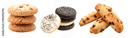 Stack of baked Almond cookies, Biscuit and Sandwich cookie with creamy chocolate filling, isolated on white transparent background. Concept of homemade baked goods photo