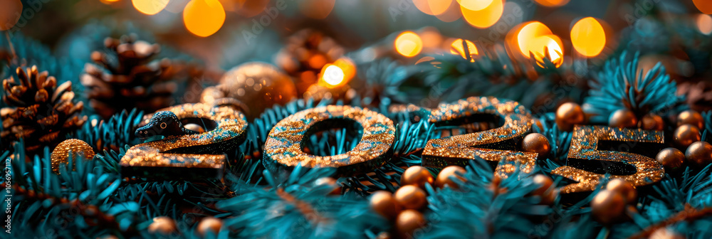 shiny numbers 2025, symbol of the year lie on a Christmas background, fir branches, bokeh, for a festive banner shiny numbers 2025, symbol of the year lie on a Christmas background, fir branches, bokeh, for a festive banner