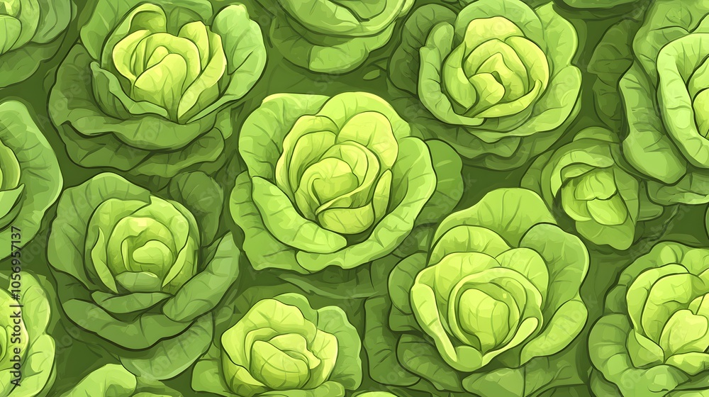 A background of lettuce in a vector drawing style. The pattern is a close-up view of vibrant green vegetables