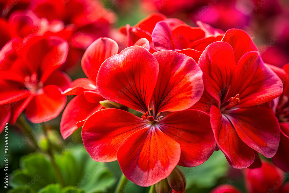 Vibrant red geraniums in full bloom, showcasing intricate petals and lush green leaves in a colorful garden setting. Vibrant red geraniums in full bloom, showcasing intricate petals and lush green leaves in a colorful garden setting.
