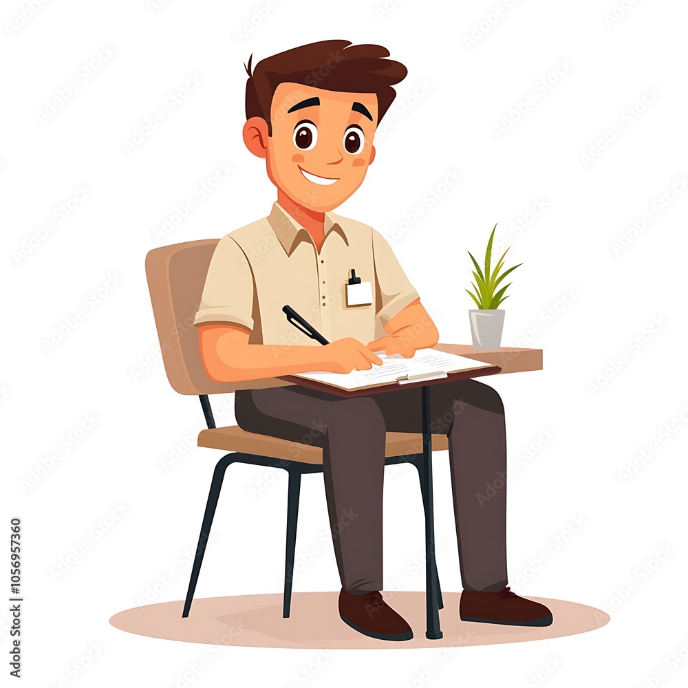 A cartoon worker sitting in a meeting room, taking notes with a notepad and pen on a white background. A cartoon worker sitting in a meeting room, taking notes with a notepad and pen on a white background.