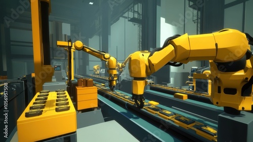 Automated assembly line with robotic arms assembling