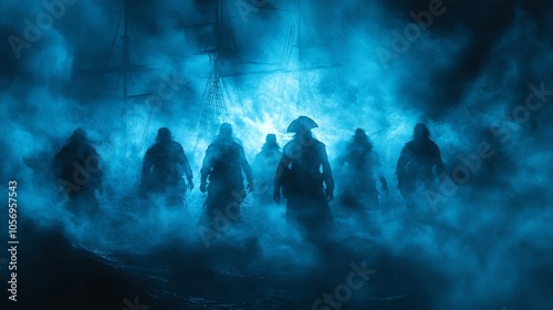 Silhouetted Pirates Emerging from Foggy Seascape photo