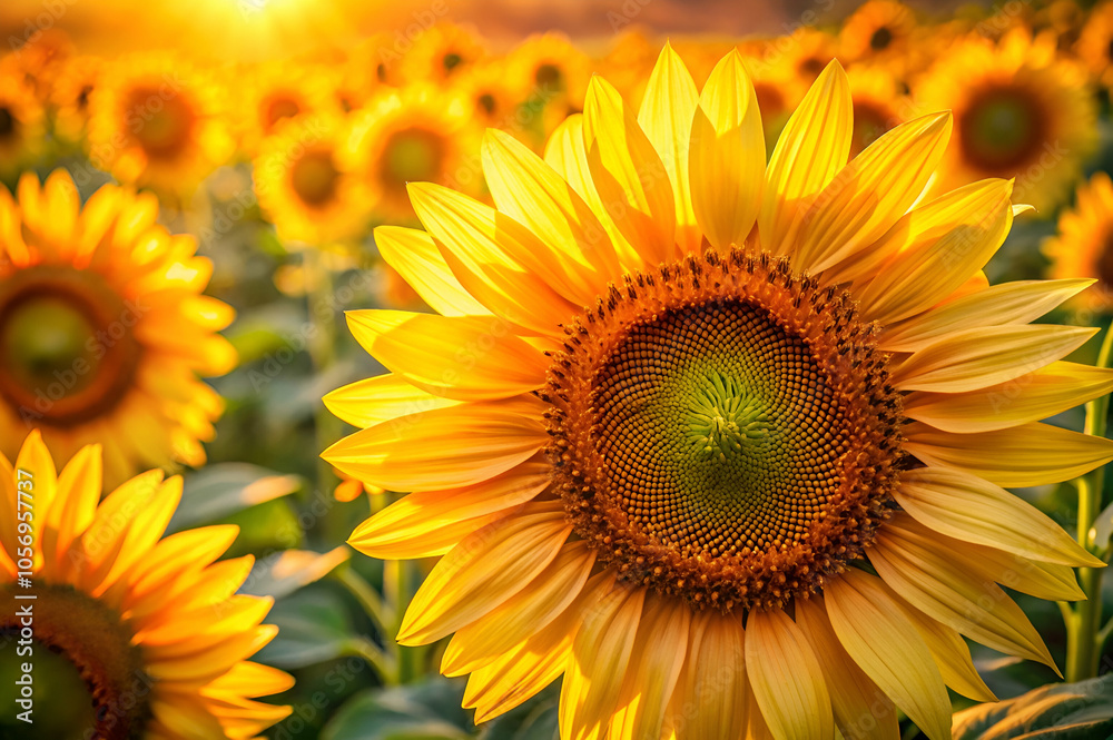 A vibrant sunflower stands tall against a warm sunset, surrounded by a field of blooming sunflowers, capturing the essence of summer and nature's beauty. A vibrant sunflower stands tall against a warm sunset, surrounded by a field of blooming sunflowers, capturing the essence of summer and nature's beauty.