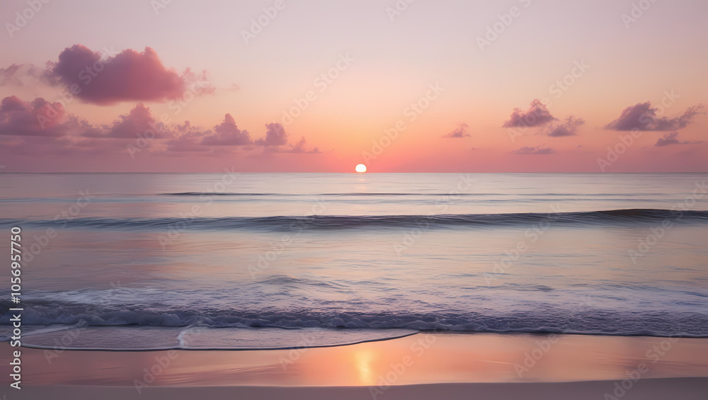 Sunrise View Over Peaceful Ocean Beach with Soft Waves Sunrise View Over Peaceful Ocean Beach with Soft Waves