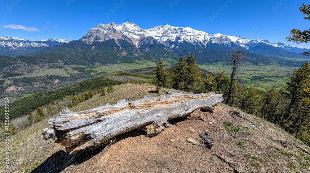 Mountain Peak View with Log Bench and Snow Capped Peaks