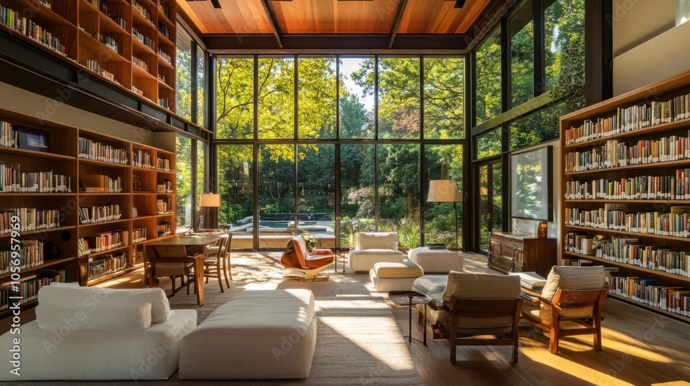 Bright library with high ceilings, open bookshelves, and comfortable seating, providing a modern, inviting space Bright library with high ceilings, open bookshelves, and comfortable seating, providing a modern, inviting space
