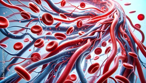 Illustration of healthy blood flow in arteries and veins, showing red blood cells and vessels. photo