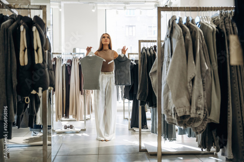 Wallpaper Mural Front view, holding wear. Woman chooses clothes in retail store Torontodigital.ca