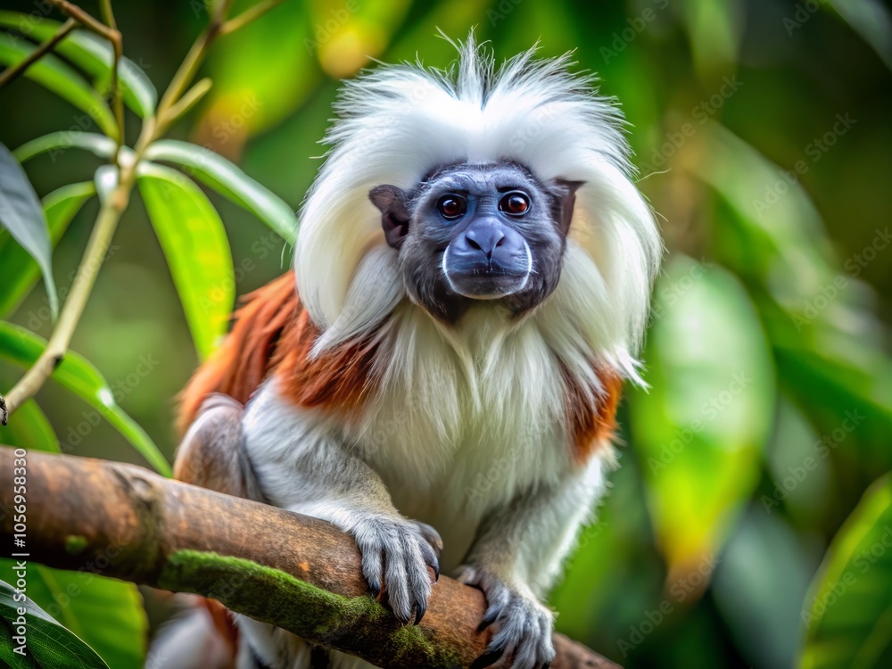 Close-Up Drone Photography of a Cottontop Tamarin in Its Natural Habitat, Capturing Unique Features and Expressions of this Endangered Primates for Wildlife Enthusiasts and Nature Lovers Close-Up Drone Photography of a Cottontop Tamarin in Its Natural Habitat, Capturing Unique Features and Expressions of this Endangered Primates for Wildlife Enthusiasts and Nature Lovers