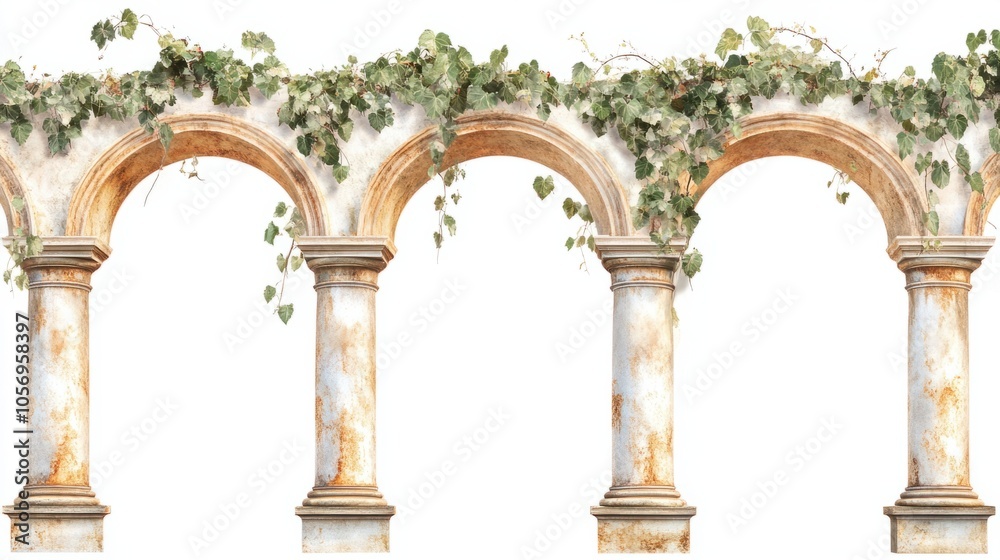Fototapeta premium Classical mural wallpaper with Roman-inspired archways and ivy patterns, creating timeless appeal, isolated on white