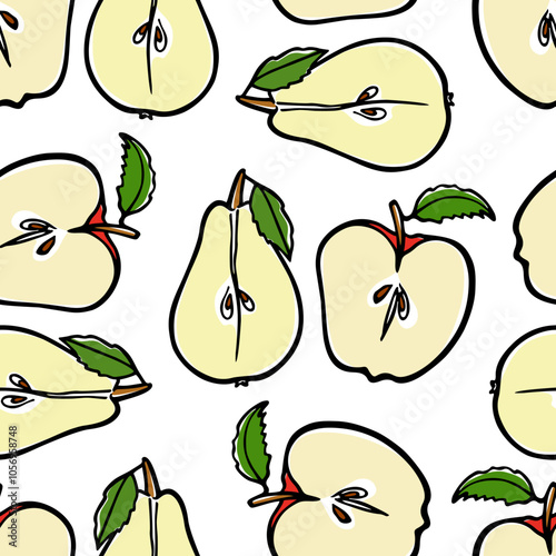Vector seamless pattern with hand drawn apples and pears cut in halves. Vegetarian, healthy food illustration. Beautiful food design elements, perfect for prints and patterns